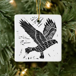 Black and White Flies Raven Lino Klipp Julgransprydnad Keramik