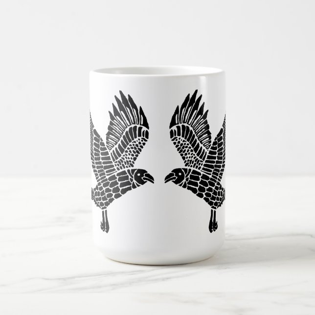 Black and White Flies Raven Lino Klipp Kaffemugg (Center)