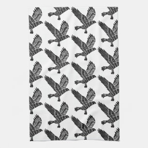 Black and White Flies Raven Lino Klipp Kökshandduk