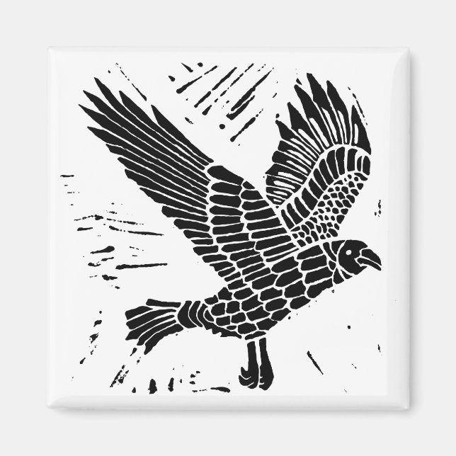 Black and White Flies Raven Lino Klipp Magnet (Framsidan)