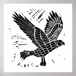 Black and White Flies Raven Lino Klipp Poster