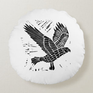 Black and White Flies Raven Lino Klipp Rund Kudde