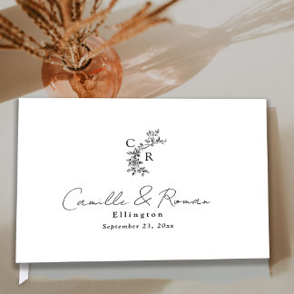 Black and White Flora Monogram Calligraphy Wedding Gästböcker