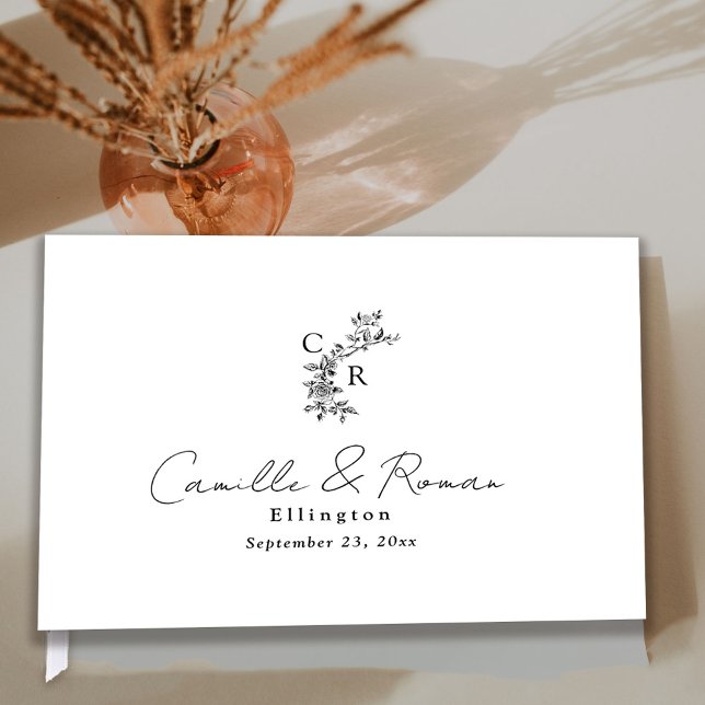 Black and White Flora Monogram Calligraphy Wedding Gästböcker (Skapare uppladdad)