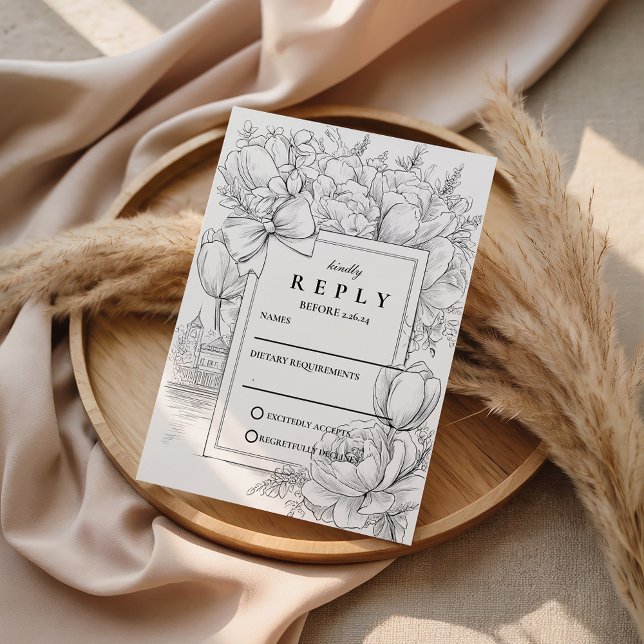 Black and White Floral Bow Wedding OSA Kort (Skapare uppladdad)