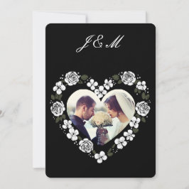 Black and White Floral Heart Wedding Invitation Julkort