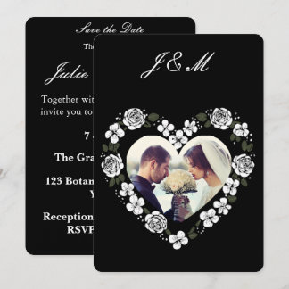 Black and White Floral Heart Wedding Invitation Julkort
