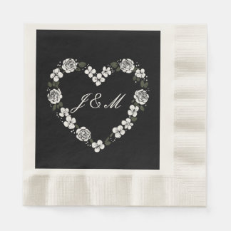 Black and White Floral Heart Wedding Napkins Pappersservett