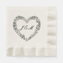 Black and White Floral Heart Wedding Napkins