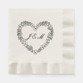 Black and White Floral Heart Wedding Napkins Pappersservett