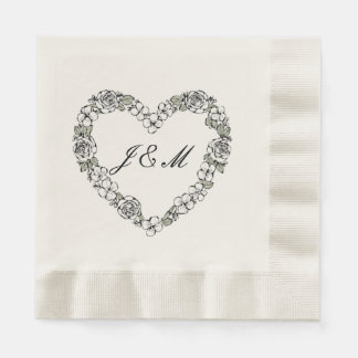 Black and White Floral Heart Wedding Napkins Pappersservett