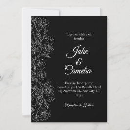 Black and White Floral Line Art Wedding Inbjudningar