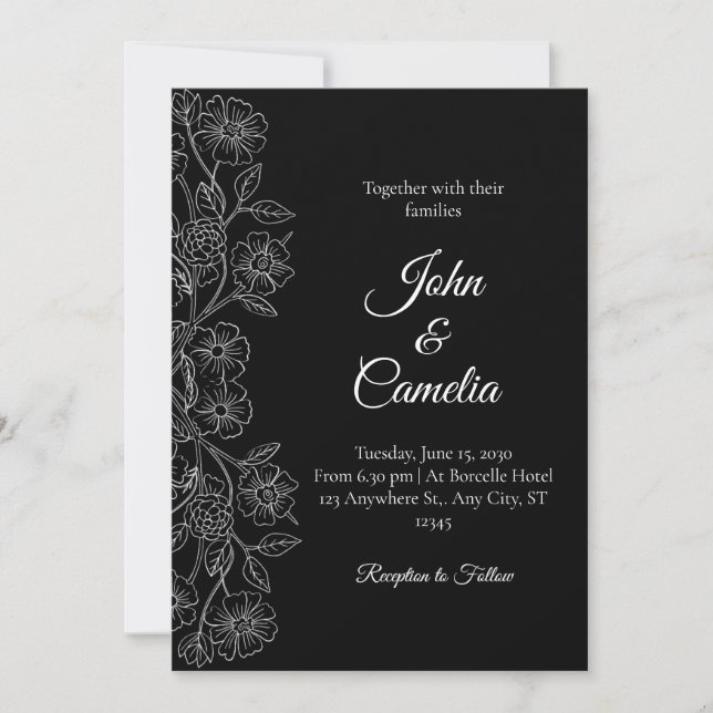 Black and White Floral Line Art Wedding  Inbjudningar (Framsida)