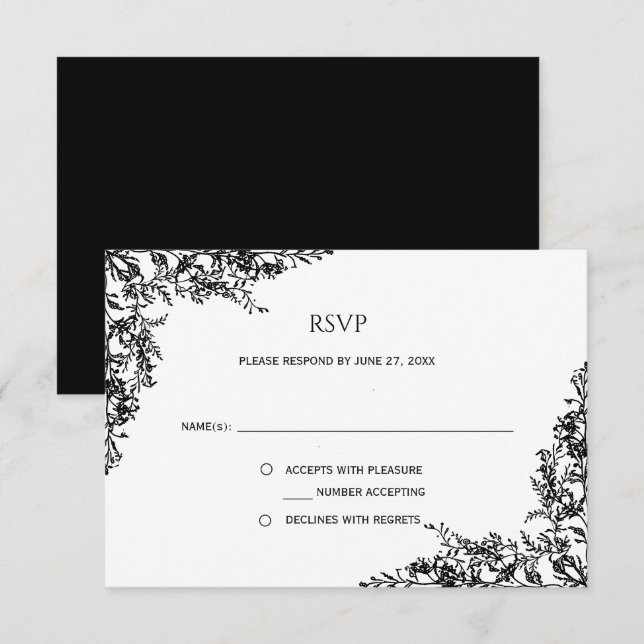 Black and White Floral Minimalist RSVP | OSA Kort (Fram/baksida)