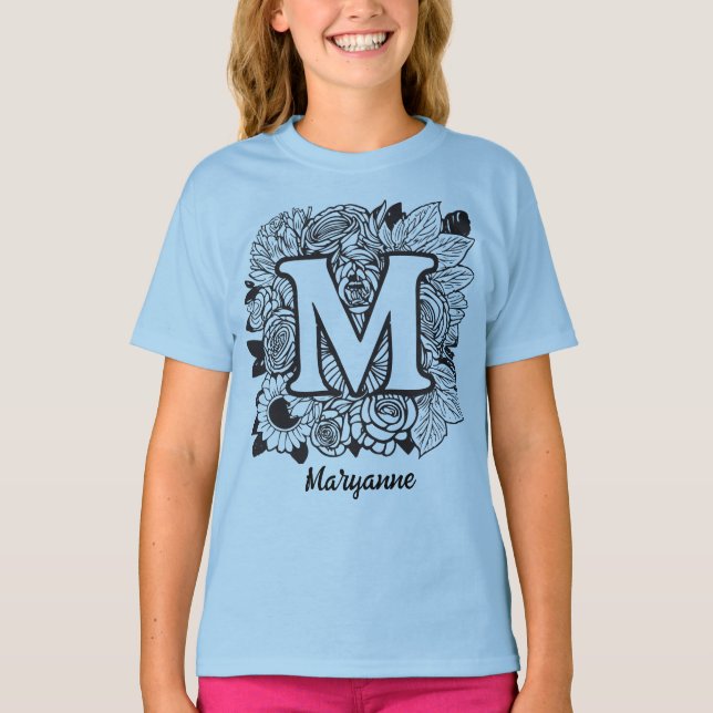 Black and White Floral Monogram Letter M T Shirt (Framsida)