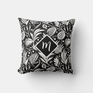 Black and White Floral Pattern Diamond Monogram  Kudde