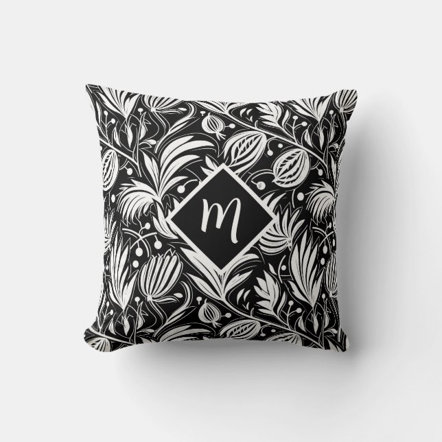 Black and White Floral Pattern Diamond Monogram  Kudde (Framsida)