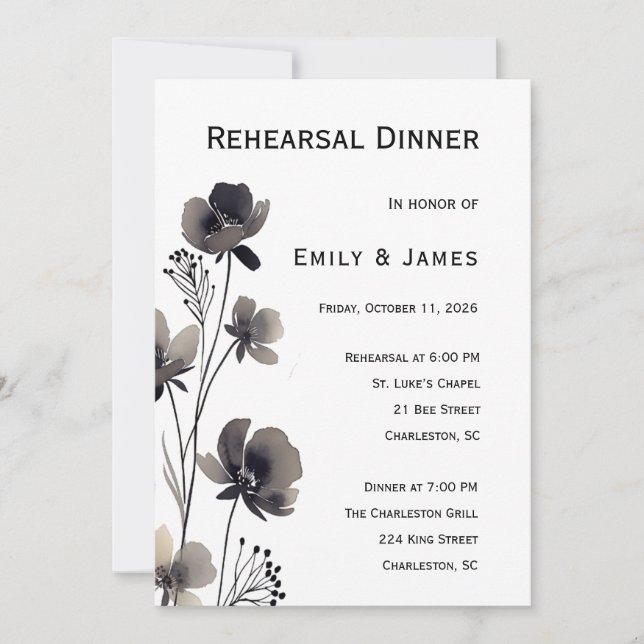 Black and White Floral Wedding Inbjudningar (Framsida)