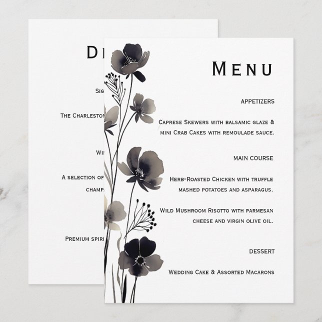 Black and White Floral Wedding Meny (Fram/baksida)