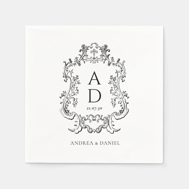 Black and White Floral Wedding Monogram  Pappersservett (Framsidan)
