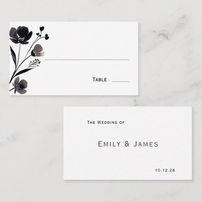 Black and White Floral Wedding Placeringskort (Fram/baksida)