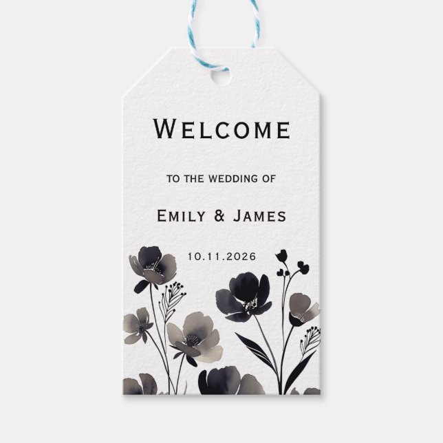 Black and White Floral Wedding Presentetikett (Framsidan)
