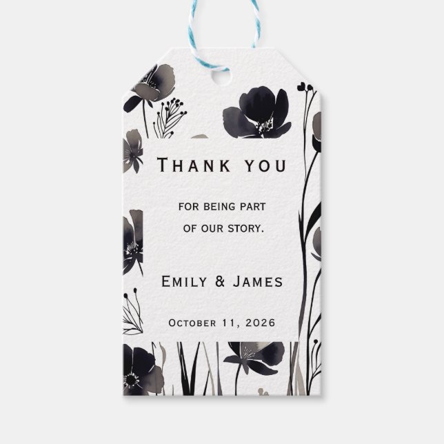 Black and White Floral Wedding Presentetikett (Framsidan)
