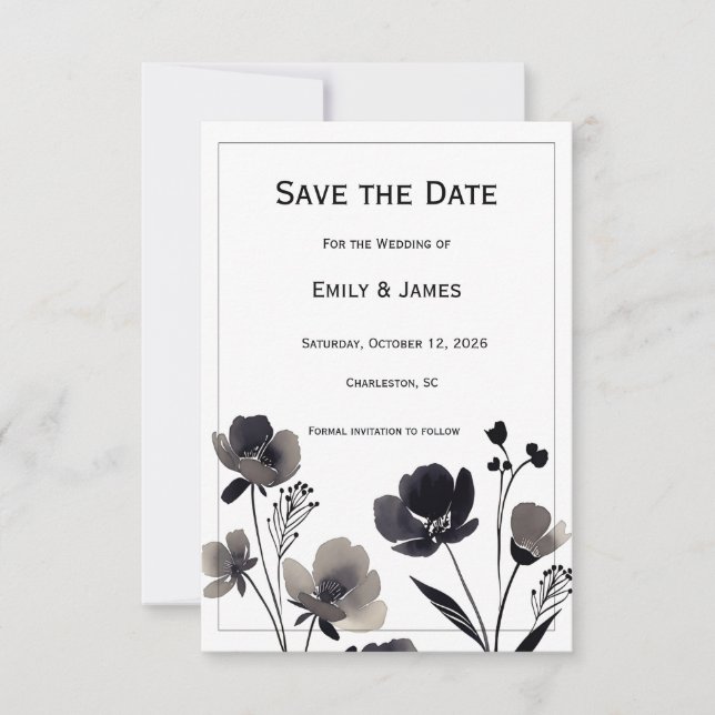Black and White Floral Wedding Spara Datumet (Framsida)