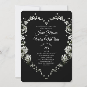 Black and White Flower Heart Gothic Bröllop Inbjudningar