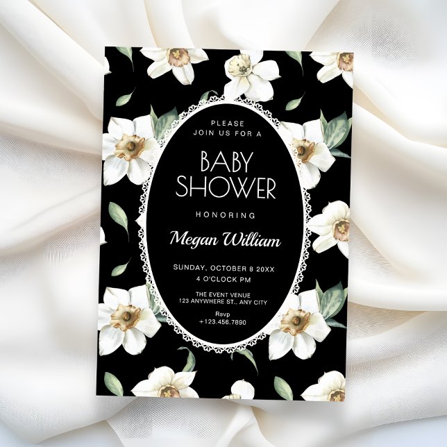 Black and white flowers baby shower inbjudningar (Skapare uppladdad)