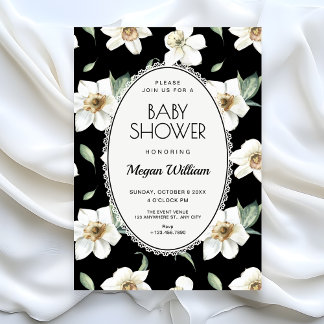 Black and white flowers baby shower inbjudningar