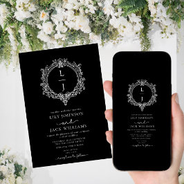 black and white foliage Crest wedding invitation Spara Datumet