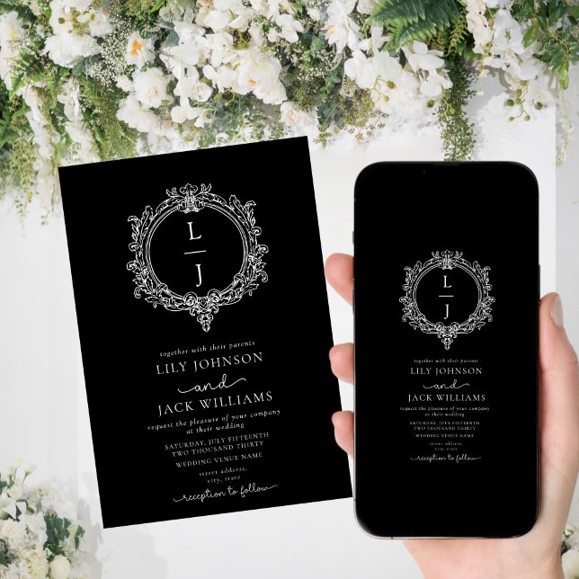 black and white foliage Crest wedding invitation Spara Datumet (Skapare uppladdad)