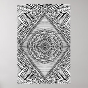 Black and White Geometric Mandala Tribal Mönster Poster