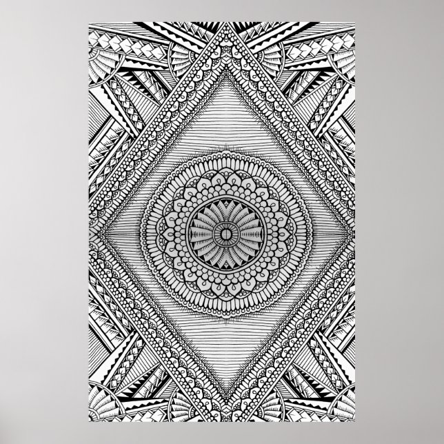 Black and White Geometric Mandala Tribal Mönster Poster (Framsidan)