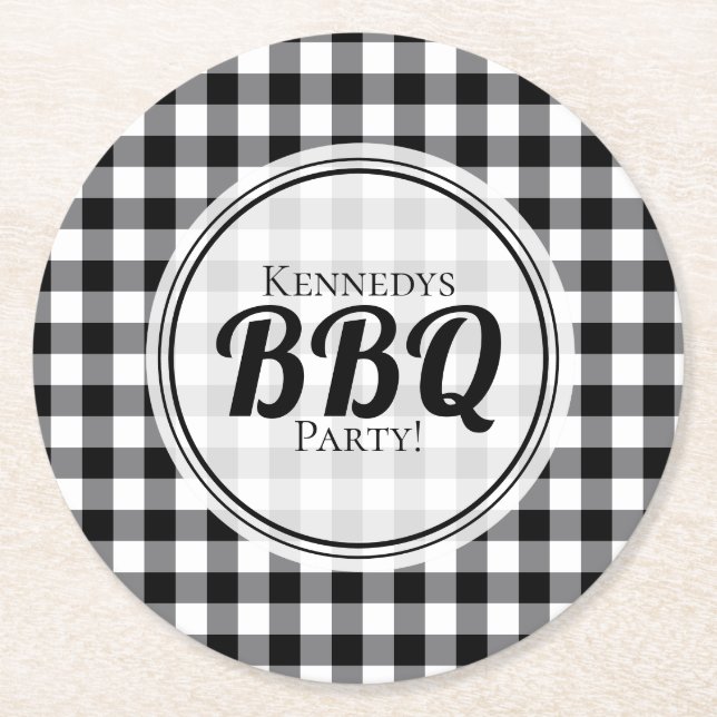 Black and White Gingham BBQ Underlägg Papper Rund (Framsidan)
