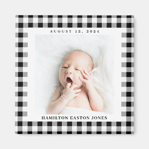 Black and White Gingham Check Baby Birthdate Magnet