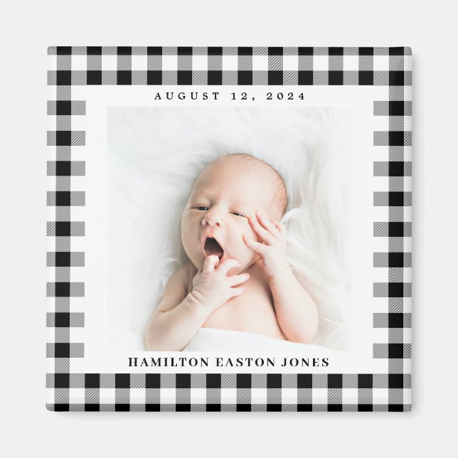 Black and White Gingham Check Baby Birthdate Magnet (Framsidan)