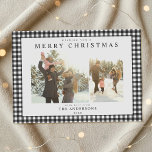 Black and White Gingham Plaid Two Photo Julkort<br><div class="desc">Create your own custom photo Christmas cards featuring two of your family pictures alongside personalized minimalist typography name and year on a classic black and white gingham plaid pattern background.</div>