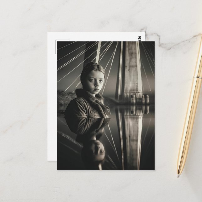 Black and White Girl på Bridge Dubbla Exposure Vykort (Fram/Back In Situ)