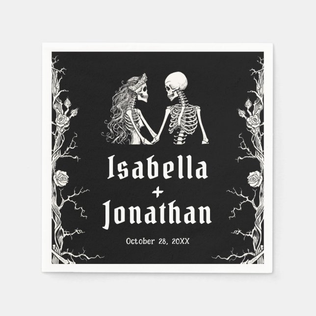 Black and White Gothic Halloween Skeletons Bröllop Pappersservett (Framsidan)