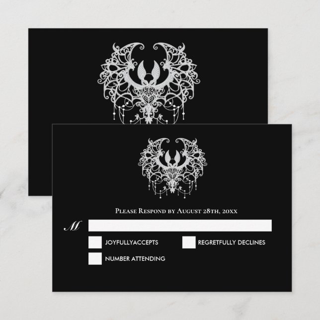 Black and white Gothic Halloween Wedding RSVP Card OSA Kort (Fram/baksida)
