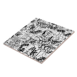 Black and White Graffiti Abstrakt Collage Kakelplatta