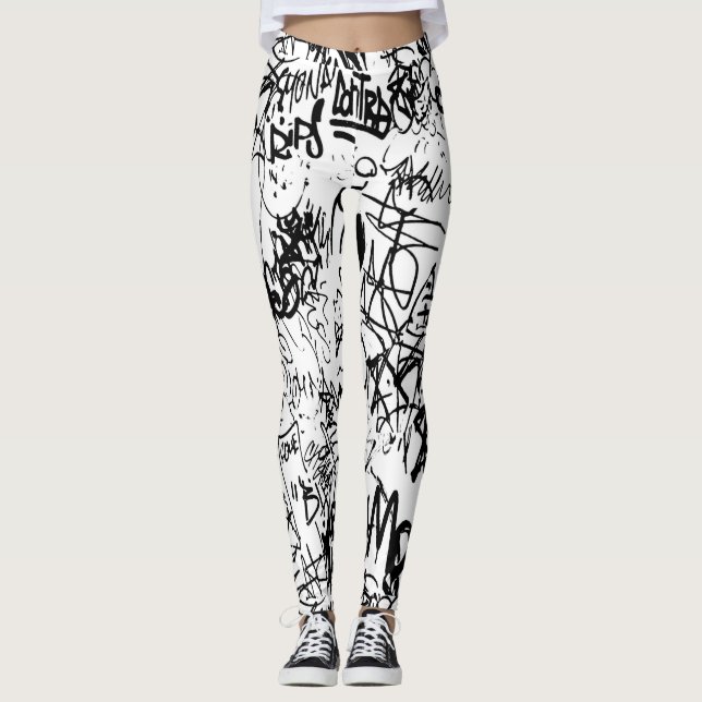 Black and White Graffiti Abstrakt Collage Leggings (Framsida)