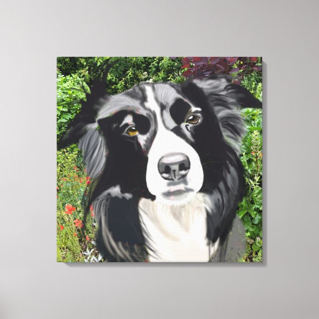 Black and White Gräns Collie mot Flowers Canvastryck (Framsida)