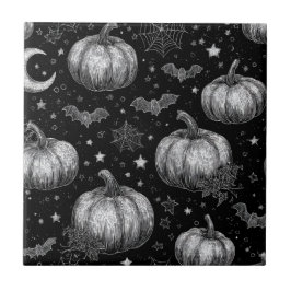 Black and White Halloween Pumpkin, Fladdermus, Spi Kakelplatta