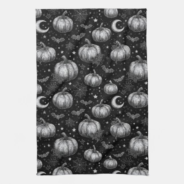 Black and White Halloween Pumpkin, Fladdermus, Spi Kökshandduk (Vertikal)