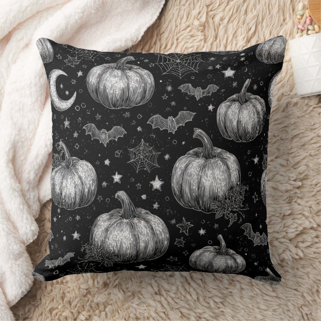 Black and White Halloween Pumpkin, Fladdermus, Spi Kudde (Filt)