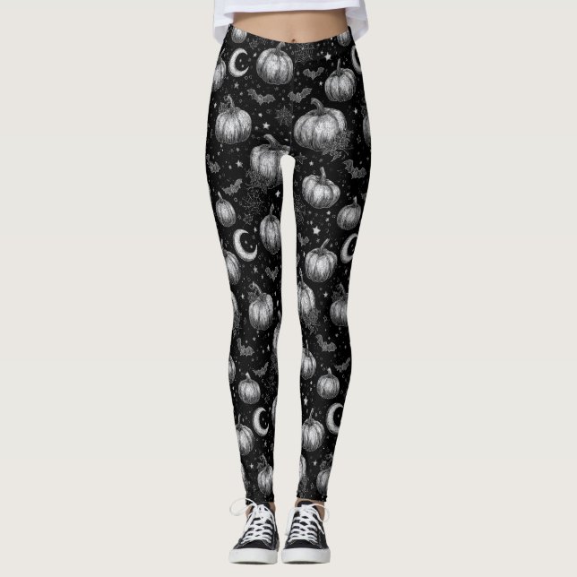 Black and White Halloween Pumpkin, Fladdermus, Spi Leggings (Framsida)