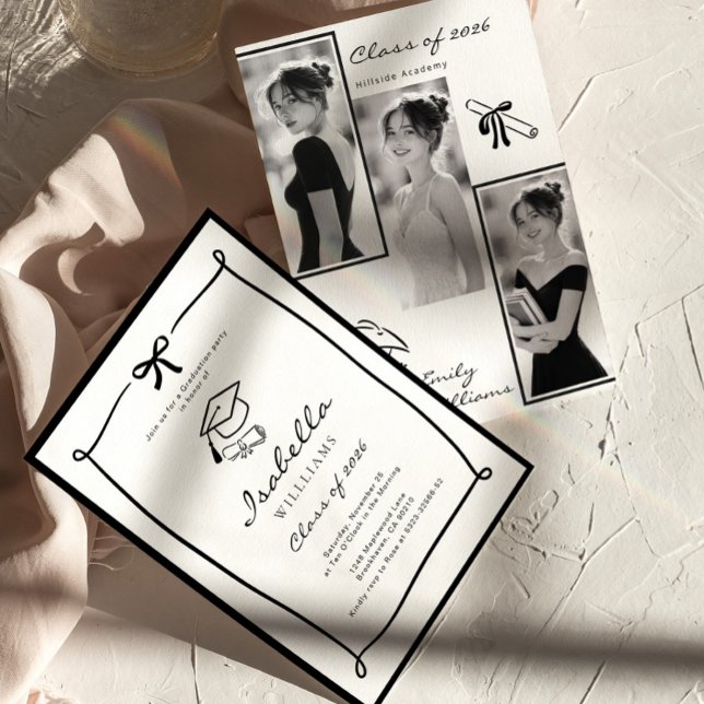 Black and White Hand Drawn Bow graduation Inbjudningar (Skapare uppladdad)